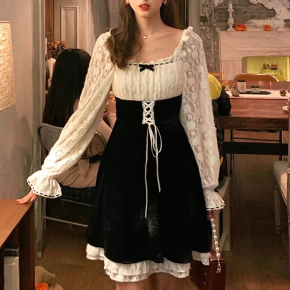 Lace up dress black white womens NWT
